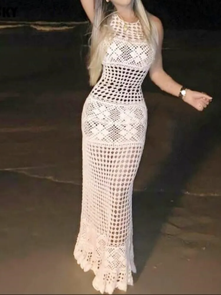 

Crochet Knitted White Beach Cover Up Women Long Dress Sexy See Through Hollow Out Swimsuit With Cover Ups Beachwear Pareos