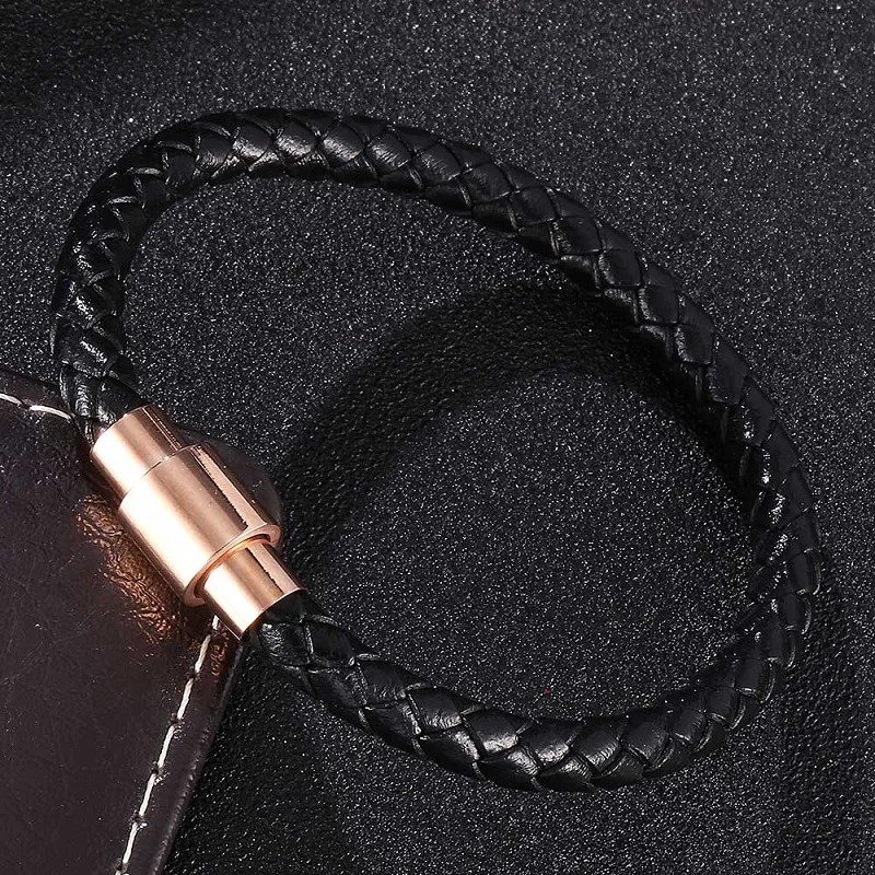 

Rose Gold Colors Magnetic Buckle Black Leather Braided Women Men Bracelet Bangles Trend Unisex Wrist Band Jewelry Gifts ST0040