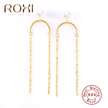 

ROXI Korea Geometric Long Tassel Earrings for Women 925 Sterling Silver Earrings Pearl Link Chain Drop Dangle Earrings Jewelry