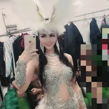 Белое боди с перьями джаз танцевальные костюмы бар DJ танцоры сексуальный ночной клуб DS певица Rave одежда горный хрусталь платье сценическая одежда