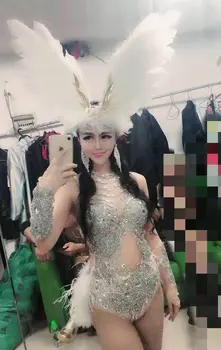 

White Feather Bodysuit Jazz Dance Costumes Bar DJ Dancers Sexy Nightclub DS Singer Rave Clothes Rhinestone Dress Stage Wear