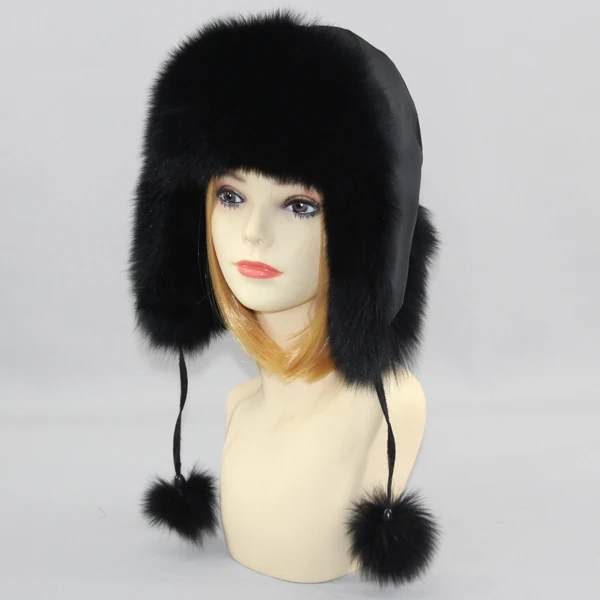 New Winter Women Lovely Real Fox Fur Hats Natural Fox Fur Winter Quality Thick Warm Fox Fur Bomber Hat - Цвет: black