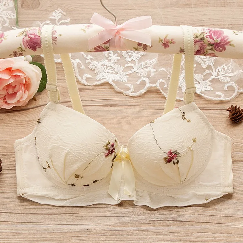 Deruilady Elegant Girl Bra Set Cute Underwire Embroidery Bra Panties Set Cotton Lace Underwear Lingerie Sexy Bra Brief Set Women