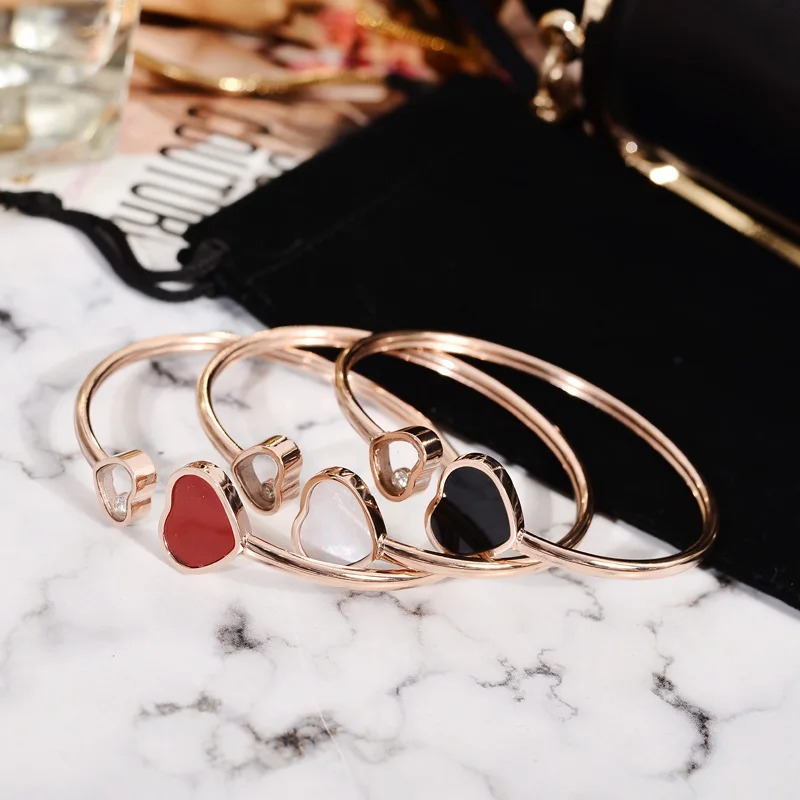 

YUN RUO Fashion Jewelry Rose Gold Color Luxury Red White Heart Bangle Lover Cuff 316 L Stainless Steel Woman Not Fade 2017 Hot