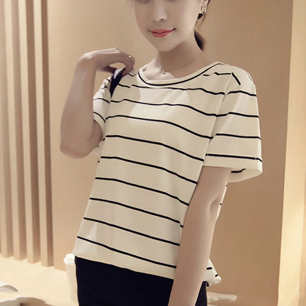

Summer T shirt Women Fashion Round Neck Short Sleeve Simple Korea Style Tee Tops Black White Striped T-shirts WDC2508