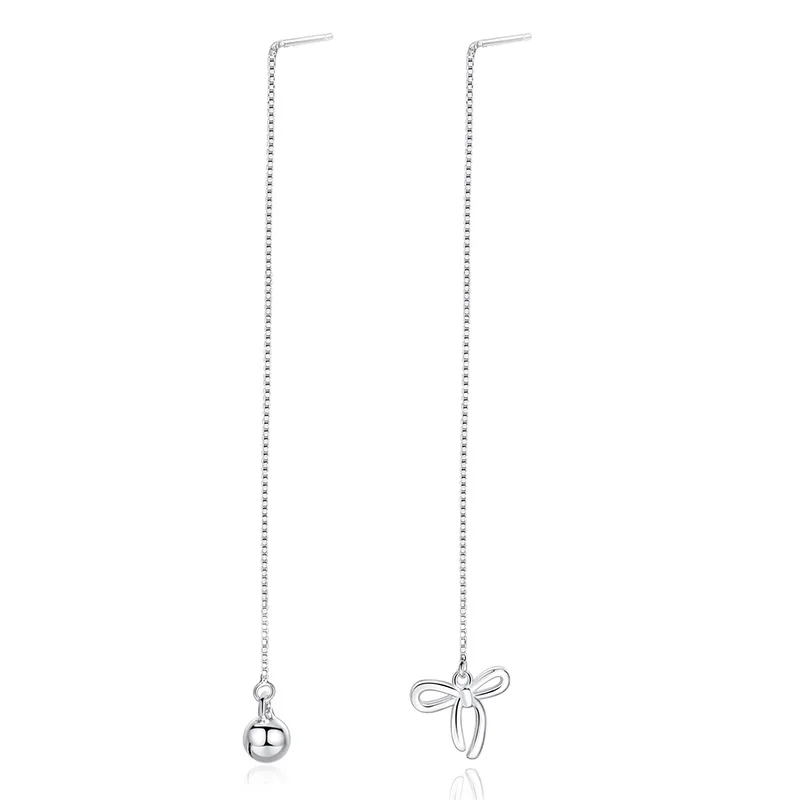 

Korean version of my hot S925 sterling silver earrings asymmetric box chain tassel long earrings bow bells ear wire woman's gift