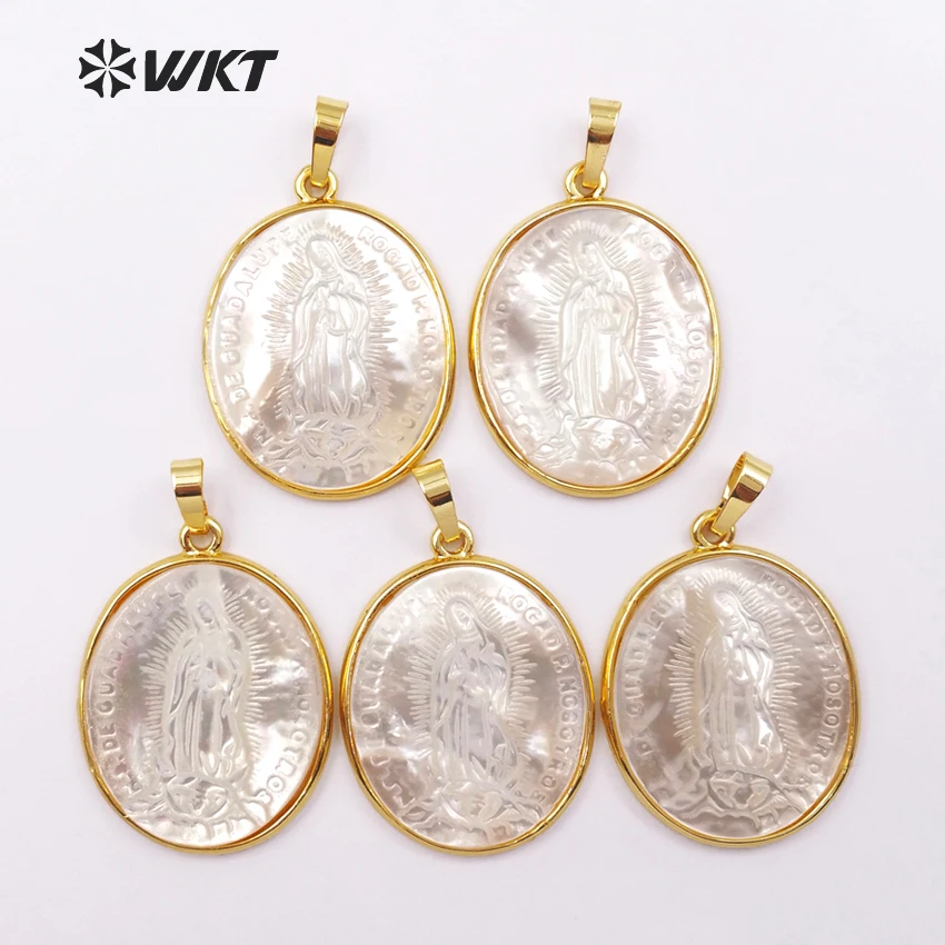 WT-P1353 In Stock ! Elegant White Shell Pendants With Virgin Mary Pattern Oval Slice Shape Metal Plated Female Jewelry