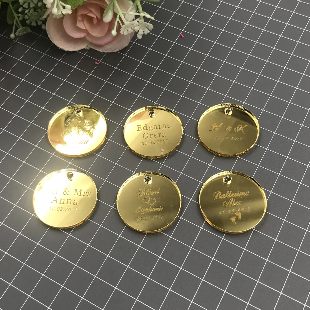 50 pcs Personalized Engraved Mirror  Clear Acrylic MR MRS Circle Wedding Table Centerpieces Decoration Favors Candy Box Tags