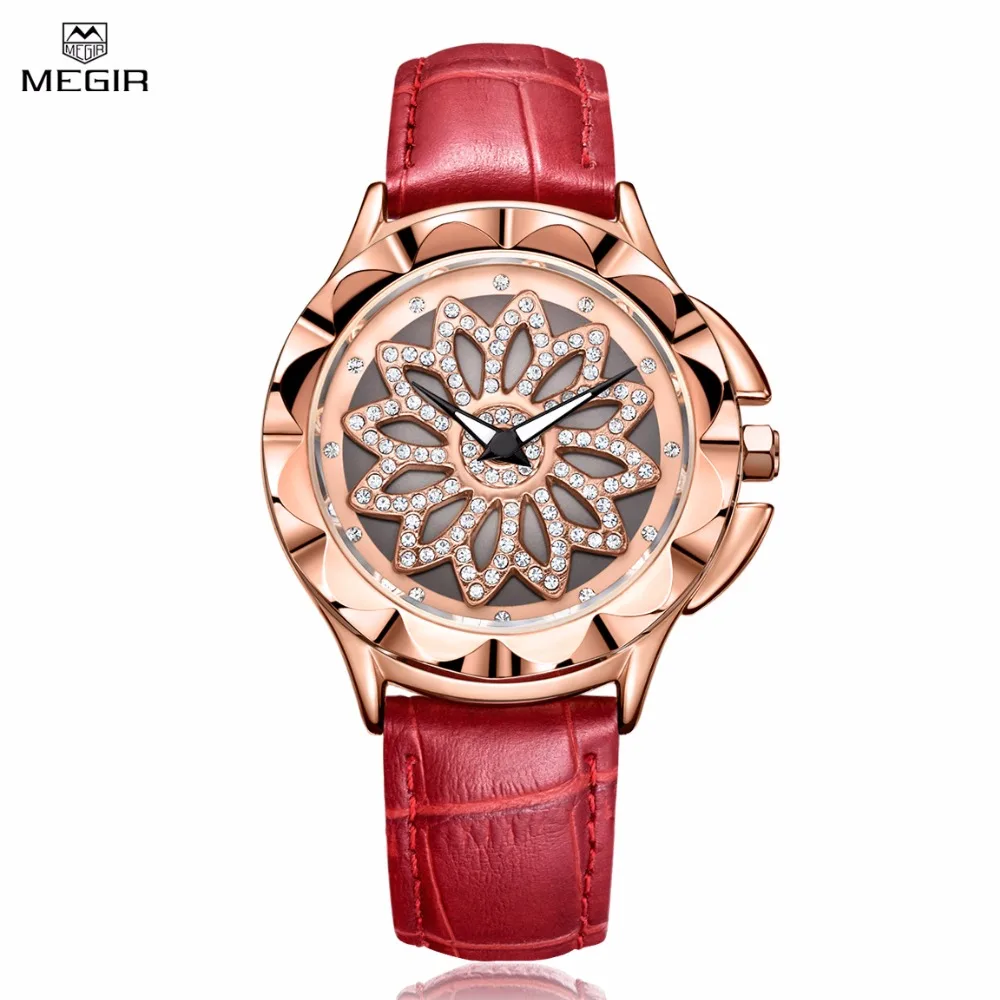 

Megir Women's Red Leather Strap Quartz Watches With Luminous Hands Waterproof Flower Dial Ladies Wirst Watches For Women Gifts