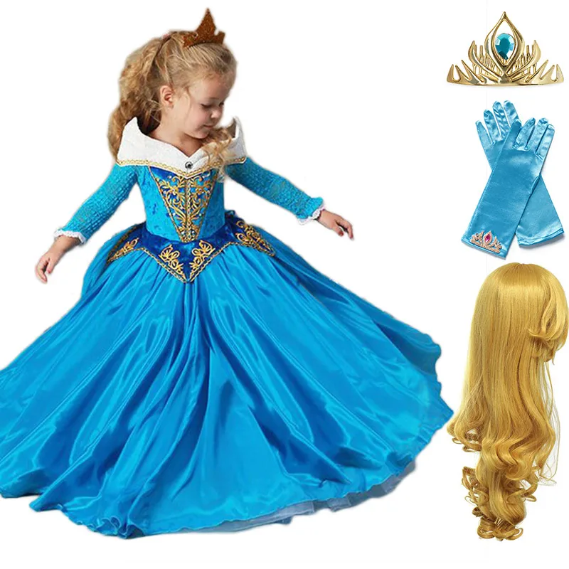 Платье принцессы Авроры в цветочек для девочек, платье Спящей красавицы, кружевное бальное платье с длинными рукавами и вышивкой, детская одежда на Хэллоуин, карнавал