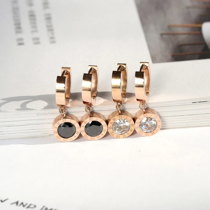 

YUN RUO Simple & Fashion Roman Number Black Crystal Stud Earring Woman Rose Gold Titanium Steel Jewelry Birthday Gift Never Fade