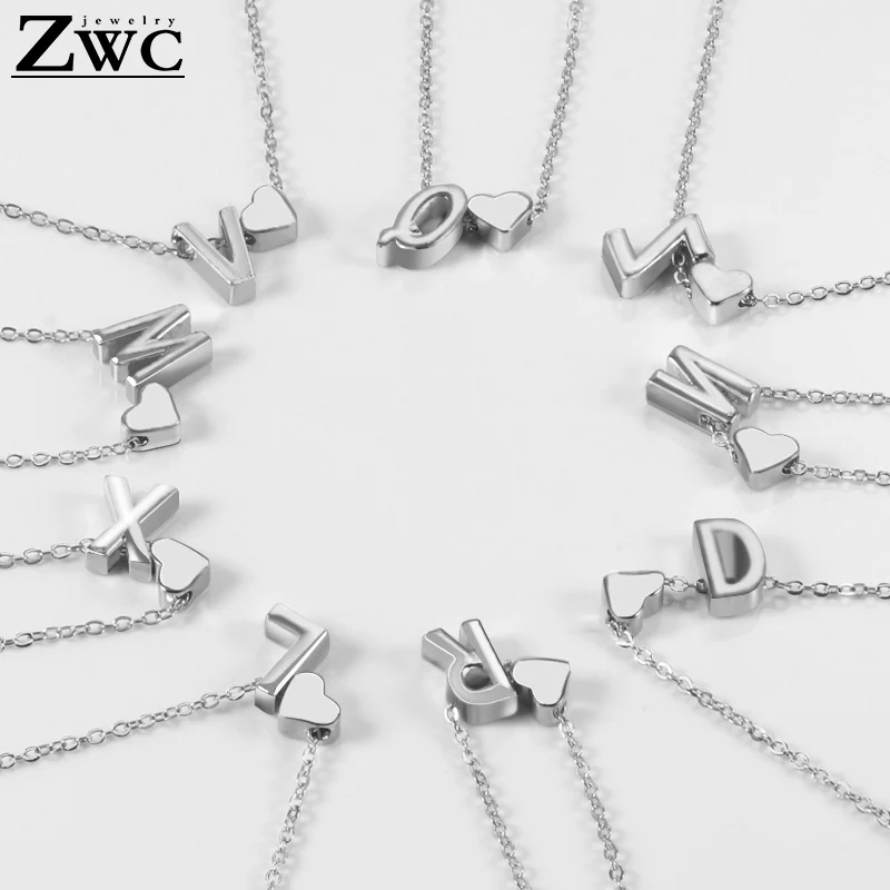

ZWC Fashion Vintage Heart Pendant Silver Necklace For Women Girl Wedding Party Charm Simple Letter Metal Necklaces Jewelry Gift