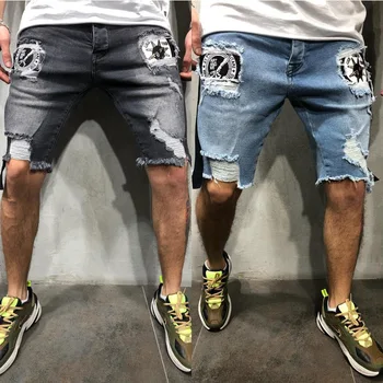 

Summer denim shorts male jeans Ripped Hole Badge men jean shorts bermuda skate board harem mens jogger