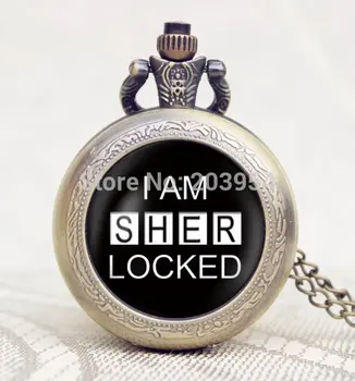 

Pocket watches new 12pcs/lot Handmade Sherlock Holmes "I am Sher locked" Inspired locket necklace womens mens steampunk vintage