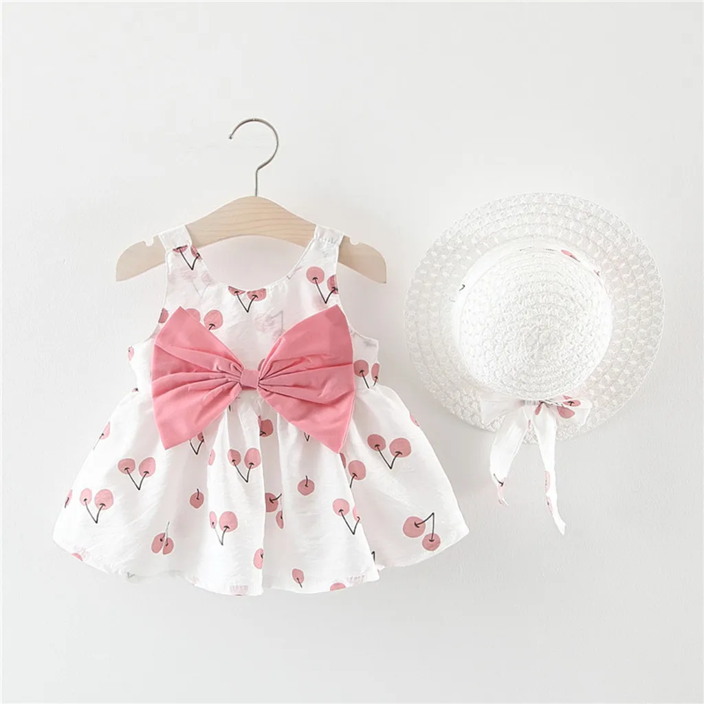 

2019 Summer Fashion Toddler Baby Kids Girls Sleeveless Cherry Princess Dresses Bow Hat Outfits Above Knee Mini Cotton