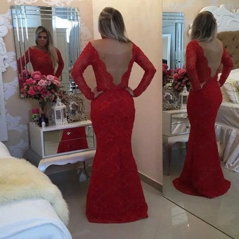 Elegant Lace Celebrity Dresses Party Evening Gowns Cheap 2016 New Arrivals Sexy Red Long Sleeves Formal Prom Dress Made In China