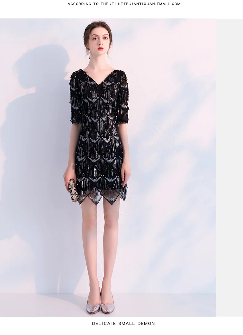 Weiyin черный 1/2 с длинными рукавами Коктейльные мини-платья короткие прямые вечерние платья выпускного вечера WY749