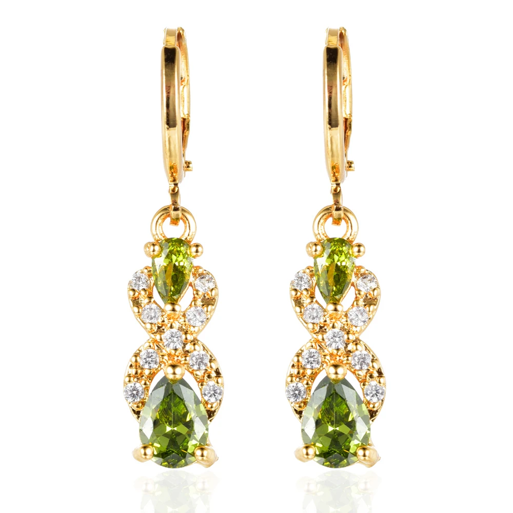 

Fashion Women Girls Gold Color Green Double Pear Cubic Zirconia CZ Drop Earrings Jewelry
