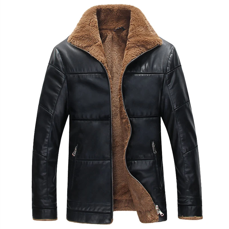 Russian Style Mens Fur Lined Leather Jacket Winter Style Men Patchwork
