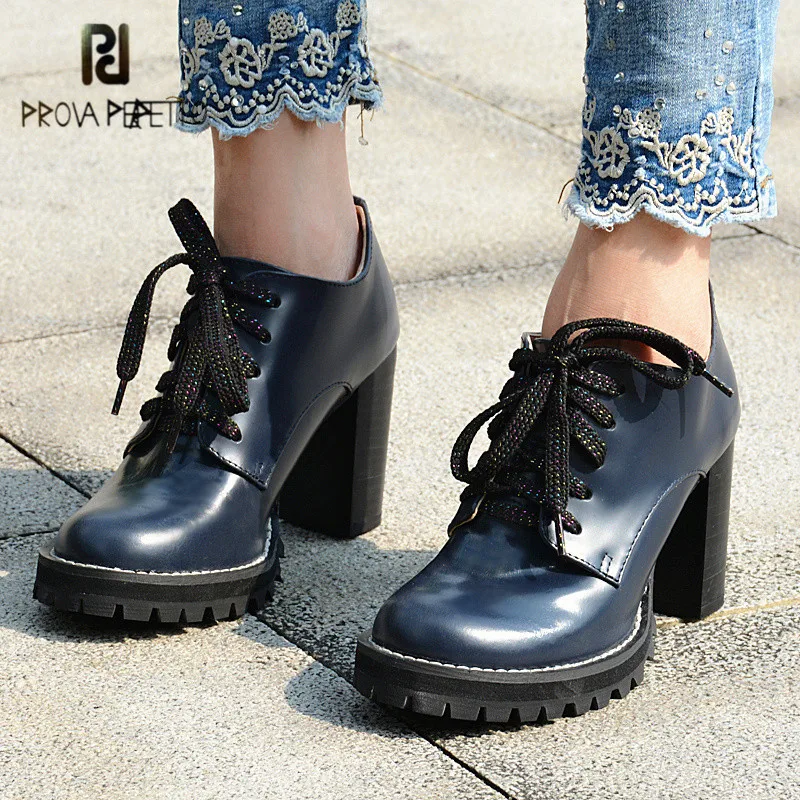 

Prova Perfetto Blue Ankle Boots for Women Lace Up Genuine Leather Botas Mujer Chunky High Heels Female Platform Boot Women Pumps