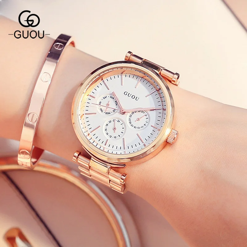 GUOU Hong Kong Brand Woman Quartz Watches Full Rose Gold Steel Band Business Casual Lady Clock Bracelet Wristwatches Gift GU003 цена GUOU Hong Kong Brand Woman Quartz Watches Full Rose Gold Steel Band Business Casual Lady Clock Bracelet Wristwatches Gift GU003 цены онлайн
