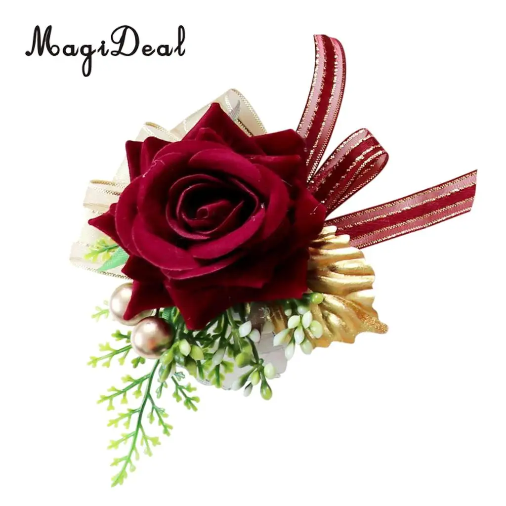 Romantic Artificial Rose Flower Pearls Wedding Corsage Boutonniere for Bridal Groom Fancy Dress