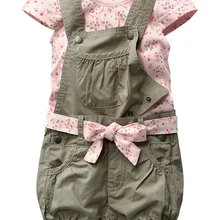 Розничная, летние костюмы для маленьких девочек комплекты хлопковой одежды для девочек от 0 до 2 лет, Детская футболка с цветочным рисунком+ комбинезон+ ремень