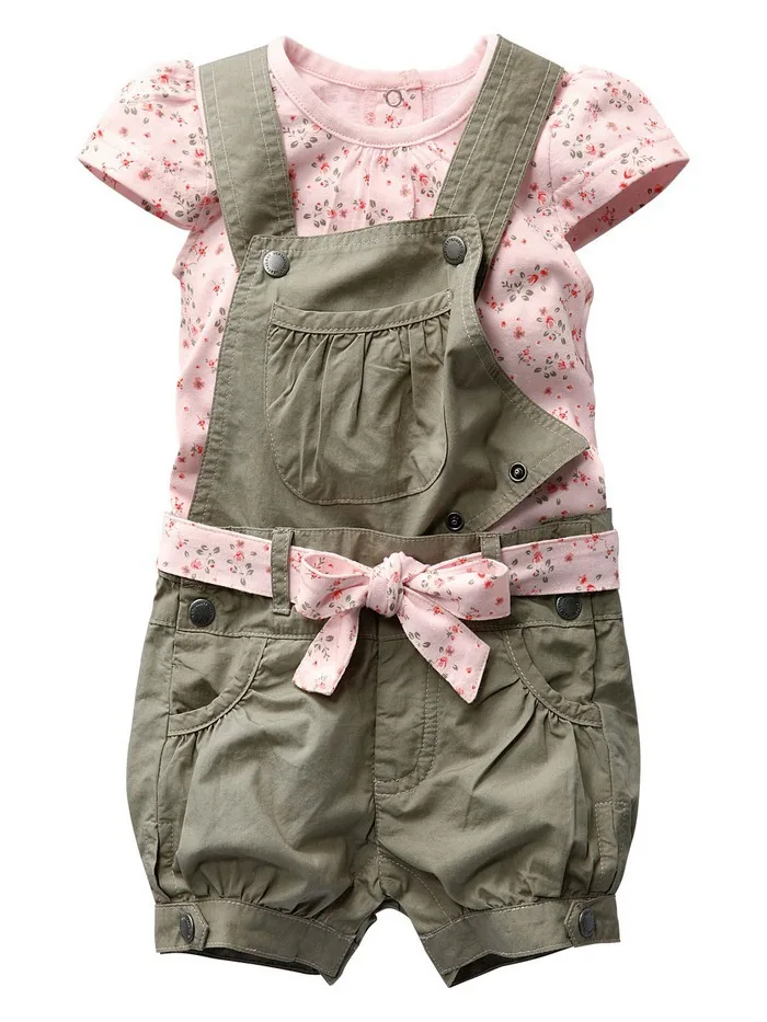 

Retail Baby Girls Summer Suits Girls Cotton Clothing Sets For 0-2 Yrs Baby Floral t-shirt + Overalls + Belt Free Shipping