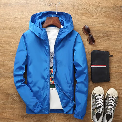 Осенняя куртка с капюшоном Мужская/Женская Повседневная тонкая однотонная ветровка на молнии для мужчин куртка размера плюс M-7XL 1718 - Цвет: BLUE