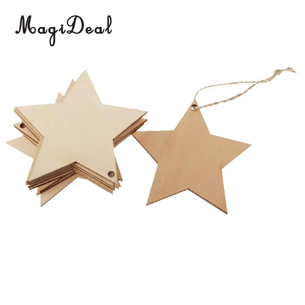 MagiDeal Unfinished 10Pcs Wood Five Pointed Star Shapes Tags Craft Embellishment & Twine DIY for Decoupage Print Paint Project