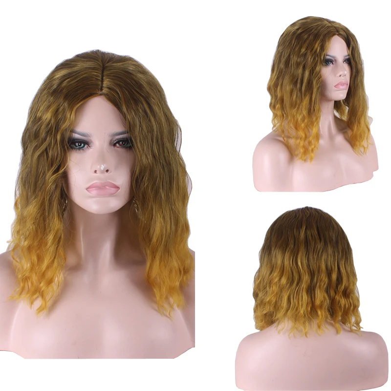 

14inch African American Medium Length Hair Brown Golden Ombre Wigs For Women Heat Resistant Synthetic U Part Kinky Curly Wig