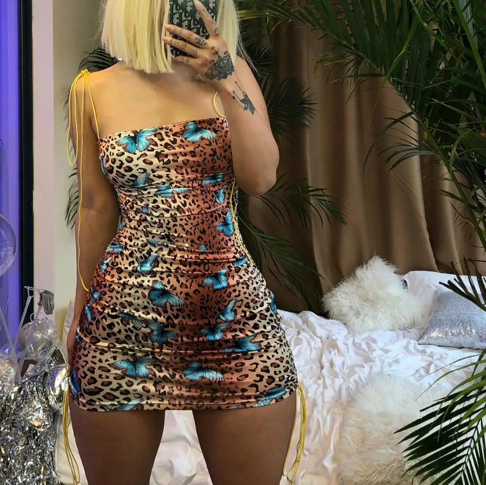 

Women Vintage Butterfly Spaghetti Strap Wrapped Mini Dress Female Summer Off Shoulder Bodycon Sheath Dress Backless Sexy