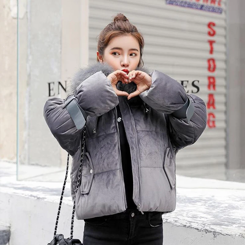 Fur Collar Short Velvet Bubble Coat Parka Women Puffy Jacket Fur Parka Down Jacket Exaggerated Solid Short Thick Bubble Coat