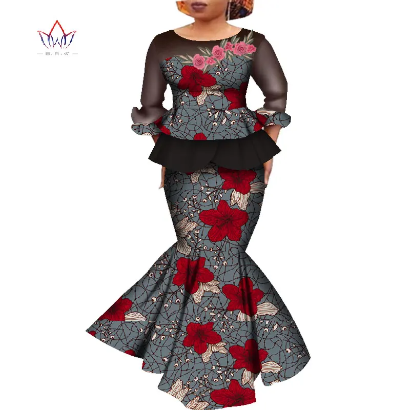 Африканский Дашики печати платье укороченный топ и юбка набор вечерние свадебные платья с длинными рукавами африканская женская одежда длинная юбка комплект WY4575 - Цвет: 4