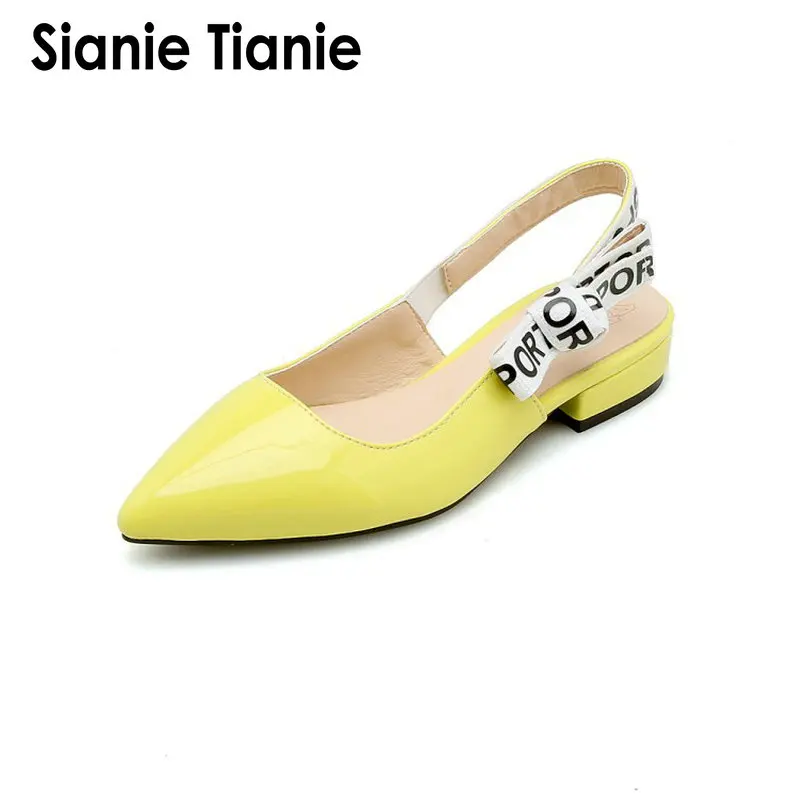 

Sianie Tianie 2020 Summer Patent PU Pointed Toe Square Chunky Low Heels Yellow White Woman Sandals Slingback Shoes Size 45 46 47