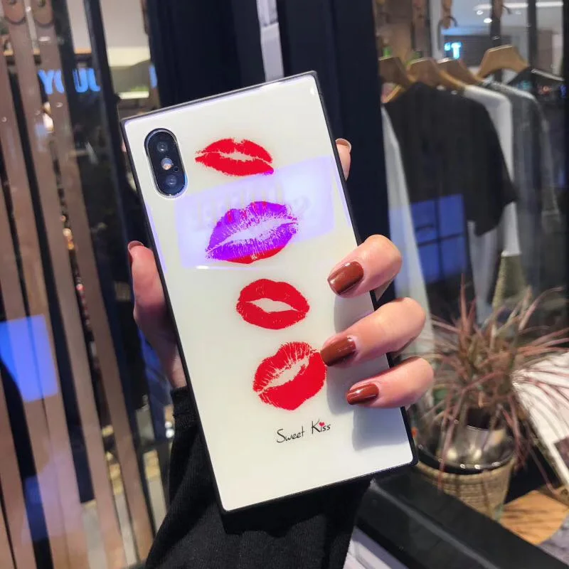 Квадратное закаленное стекло чехол для телефона iphoneX 8 8plus Blue Ray Red Lips стеклянный