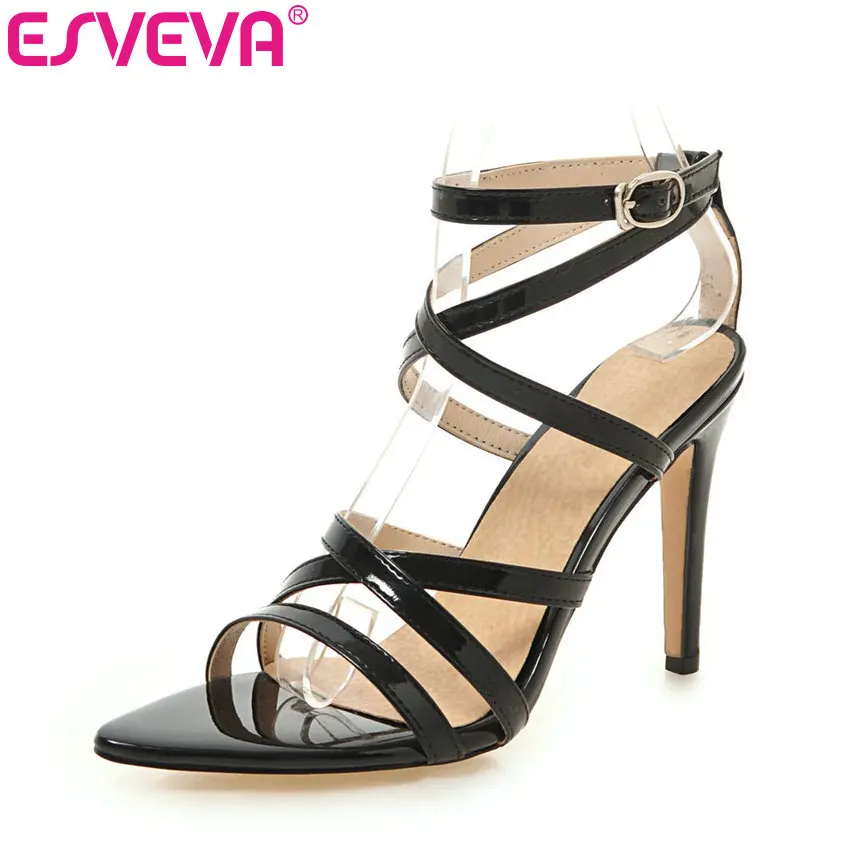 

ESVEVA 2019 Women Sandals Thin High Heel Patent Leather Cross Strap Pointed Open-toed Buckle Sexy Shoes Size 34-43
