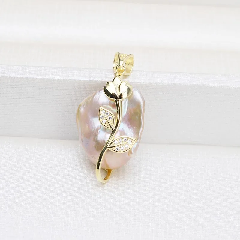 

MeiBaPJ Real Natural Big Baroque Pearl Golden Flower Pendant Necklace 925 Solid Silver Empty Truck Fine Jewelry for Women