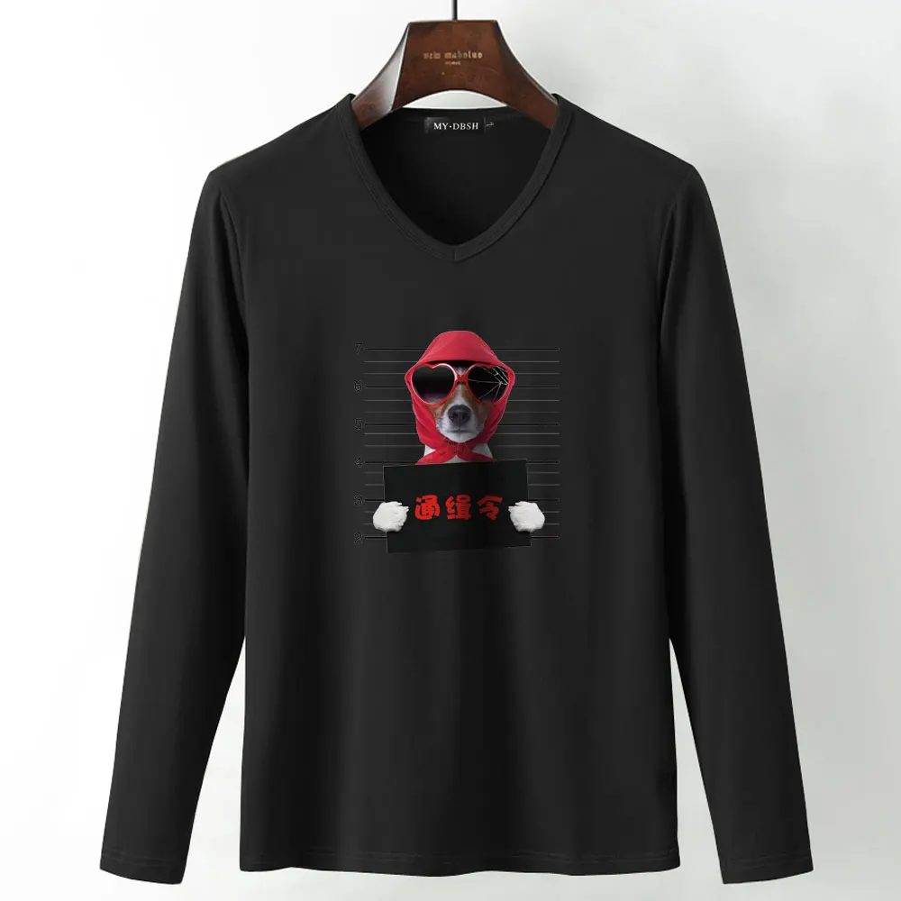 Модная мужская футболка в стиле рок, одежда, футболки в стиле хип-хоп, топы с длинными рукавами, черно-белые Забавные футболки с принтом собаки, с животными, Poleras Hombre - Цвет: A22-V-Black