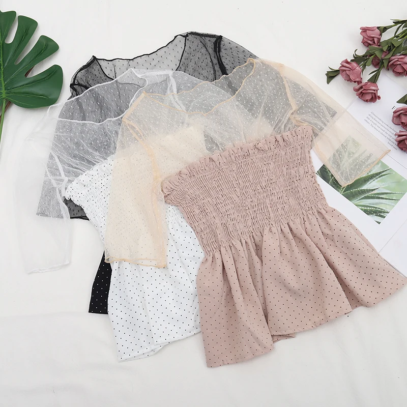 

Women O-Neck Patchwork Chiffon Polka Dot Tulle Ruffles Shirt Elastic Short Slim Pullover Mesh Gauze Voile Sexy Blouse Crop Tops