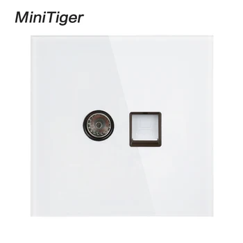 

Minitiger White Luxury Crystal Tempered Glass Panel RJ45 Internet Jack With TV Outlet Wall Data Computer Socket