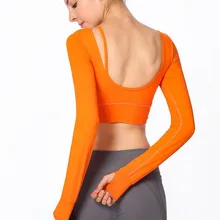 Осенняя Новинка, футболка с длинным рукавом для йоги, открытая спина, для спортзала, сексуальные топы, эластичные, обтягивающие, для фитнеса, бега, Спортивная футболка с подкладкой