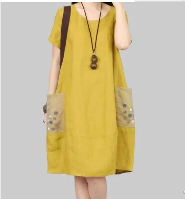 

Summer Dress Short Sleeves 2017 Linen Dress Loose Women Clothing Knee High Vestido Vintage