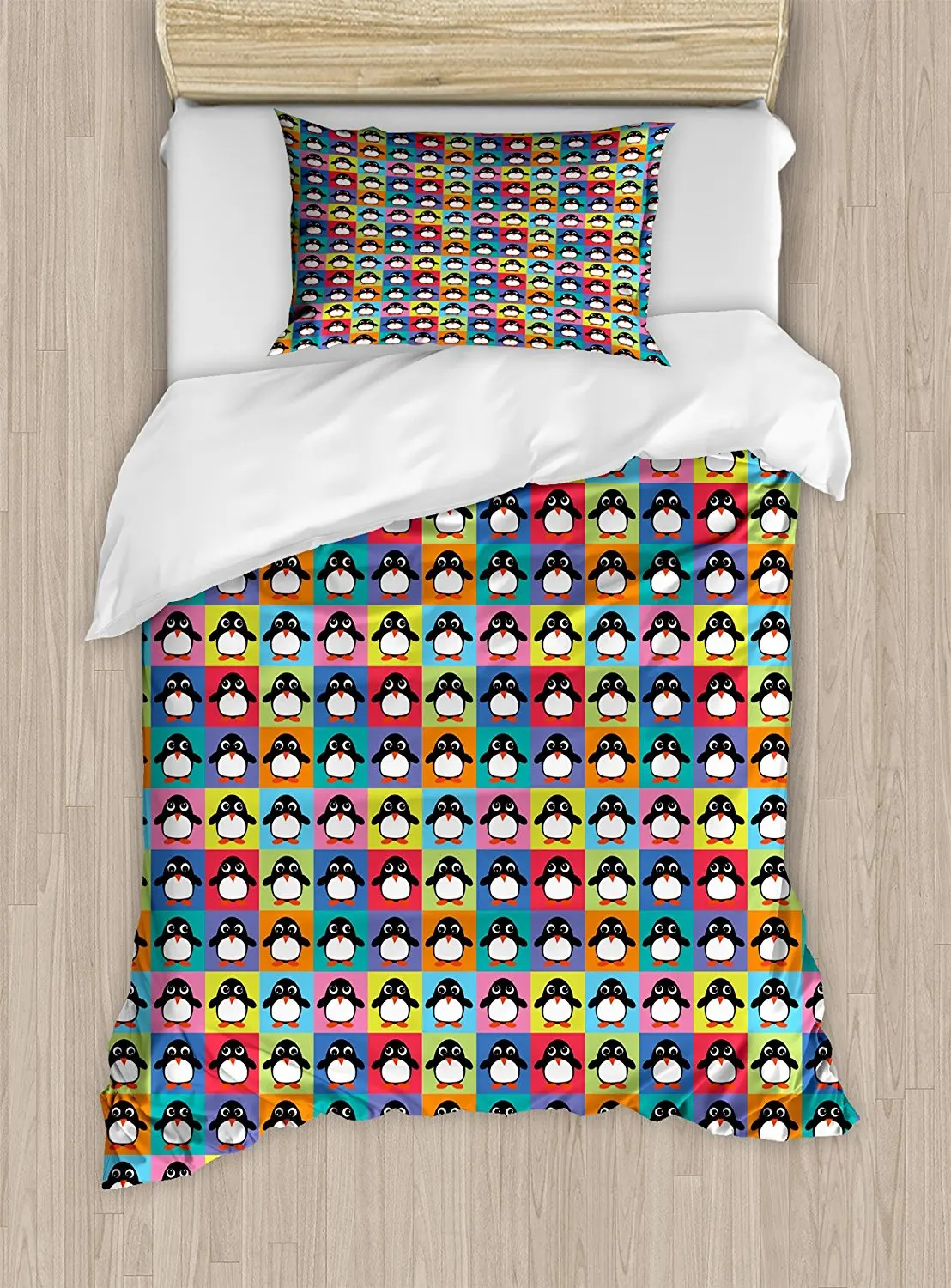 

Penguin Duvet Cover Set Rainbow Colored Checkered Squares Pattern with Arctic Animal Cartoon Character 4 Piece Bedding Set