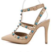 black white apricot womens gladiator sandals 2016 Luxury Blue Beading Rivets Turquoise Gladiator Ankle Strap Pump Wedding Shoes