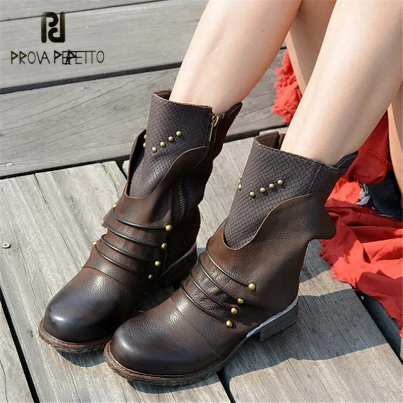 

Prova Perfetto Genuine Leather Snow Boots Women High Boot Strap Rivets Studded Female Autumn Winter Platform Rubber Boots