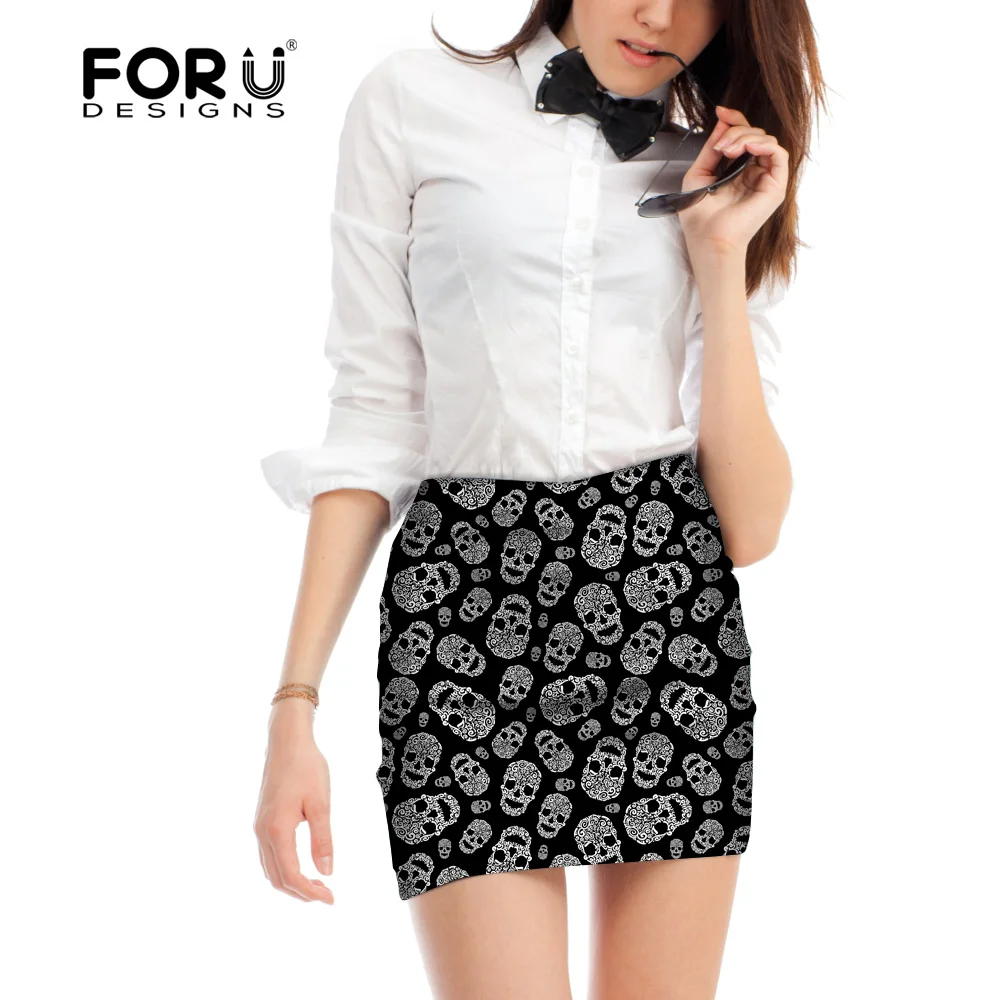 

FORUDESIGNS cool punk black skull pencil skirt Vintage high waist short skirts women sexy party night bodycon mini skirts