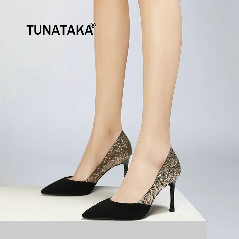 

New Sexy Thin High Heel Women Suede Slip On Lazy Shoes Fashion Sequins Pointed Toe Dress Party Women Pumps Black