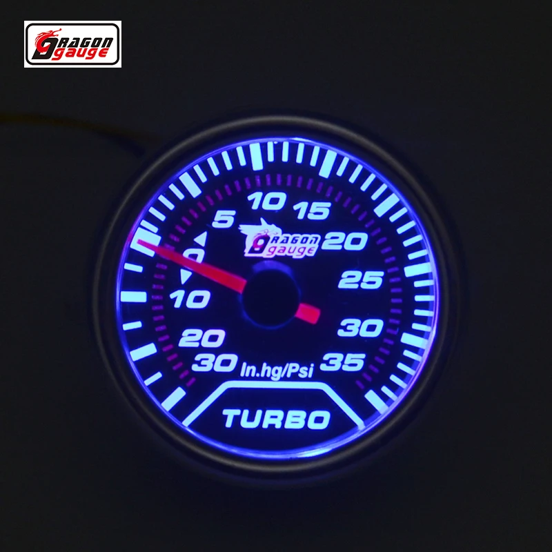 Dragon gauge 52mm Auto Car Turbo Boost Gauge Blue light Vacuum Meter Boost Pressure in.hg psi