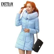 Высокое качество Средний длинный тонкий зимний жакет плюс размер теплый меховой воротник с капюшоном парки из хлопка на пуху Casaco Feminino WUJ0519